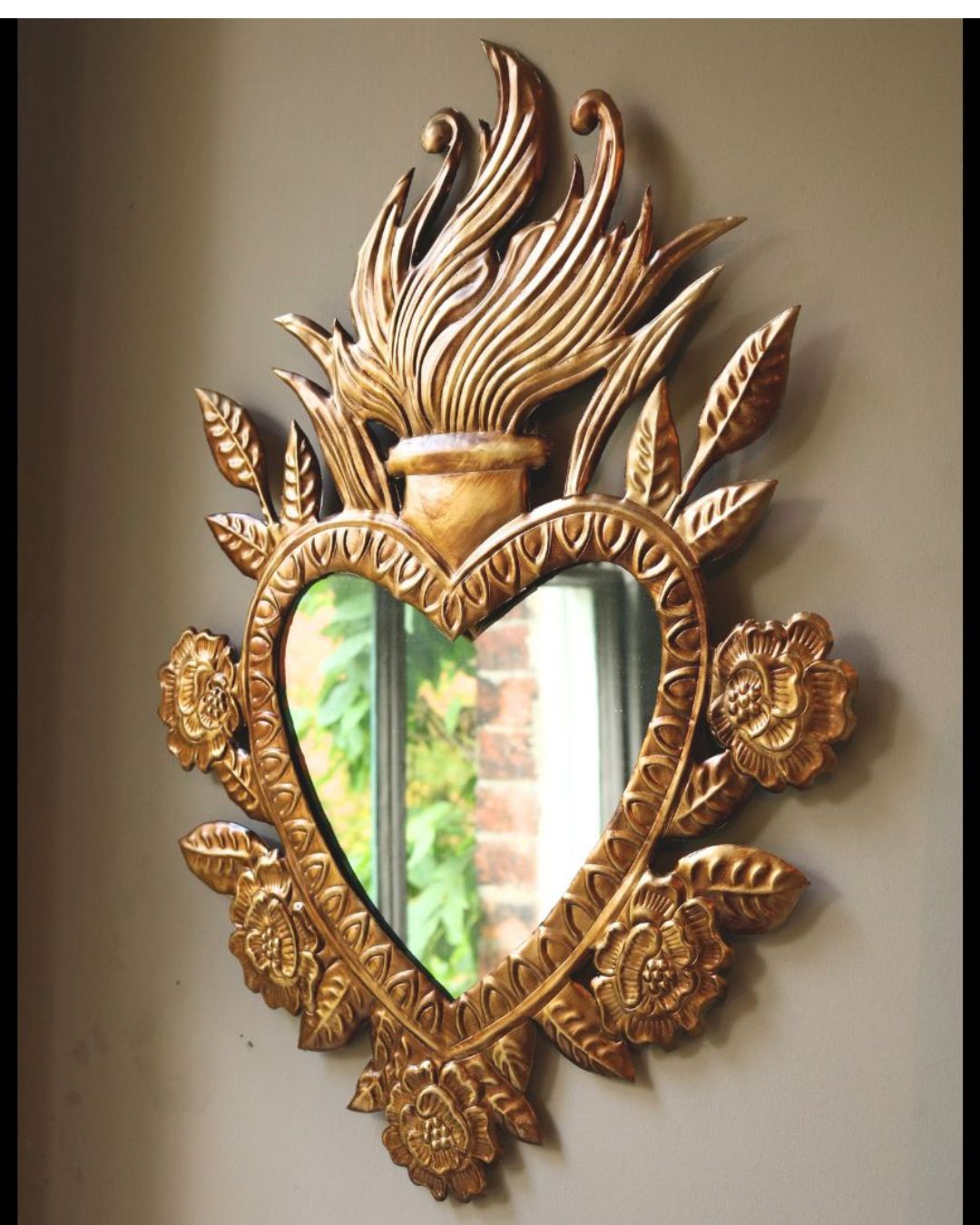 Gold Flaming Floral Heart Mirror