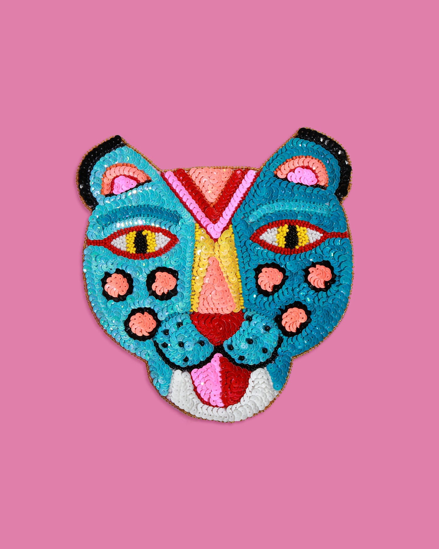 Small Smiling Tiger Sequin Patch, Turquoise