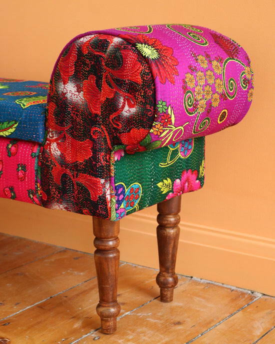 Hand-Stitched Vintage Scroll Bench with Storage, No. 5