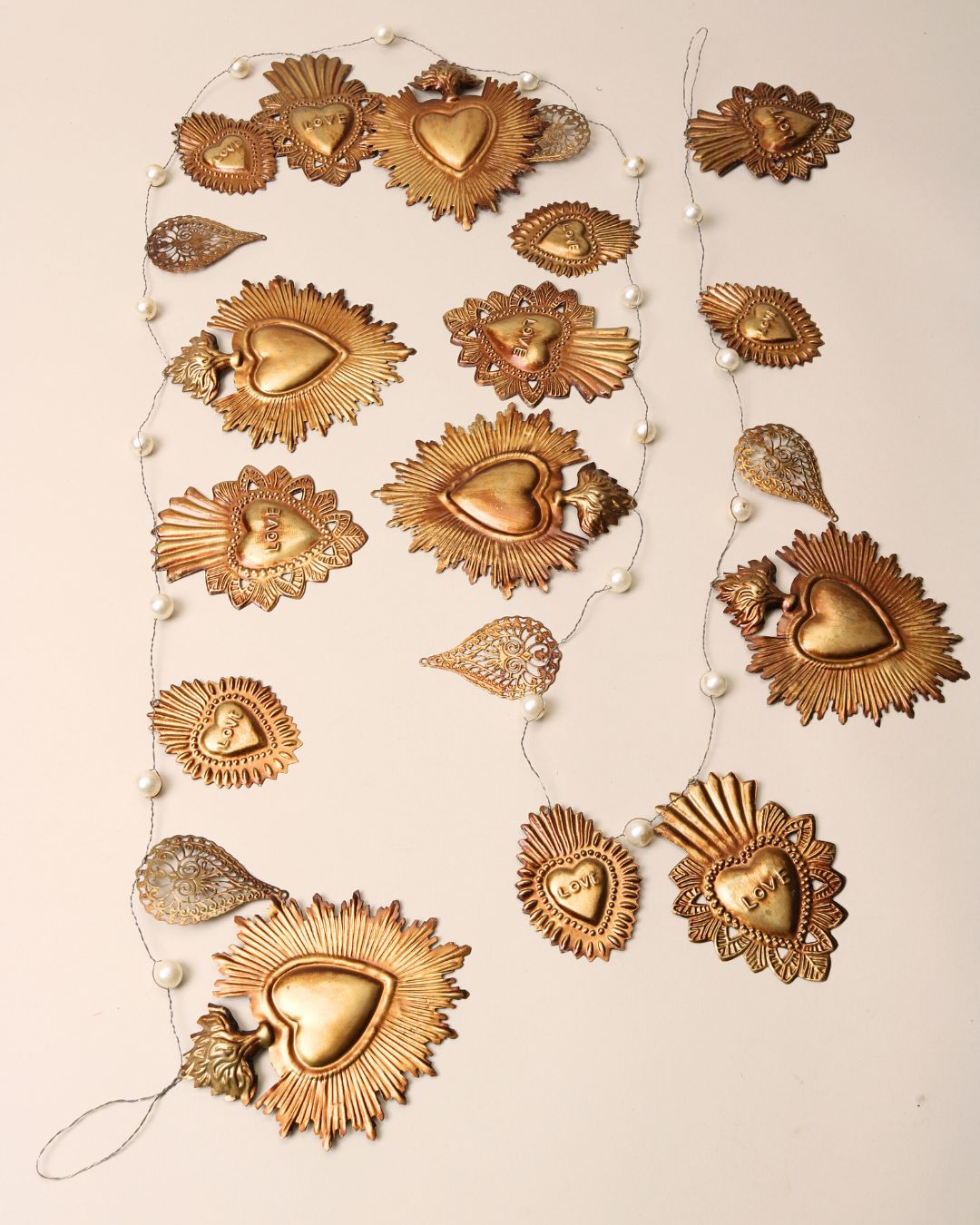 Gold & Wire Multi Heart Garland with Pearls