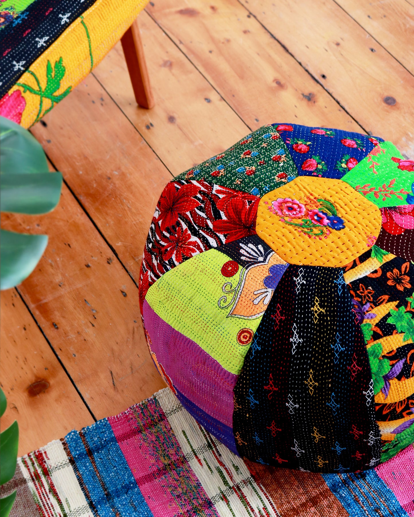 Hand-Stitched Vintage Patchwork Pouffe