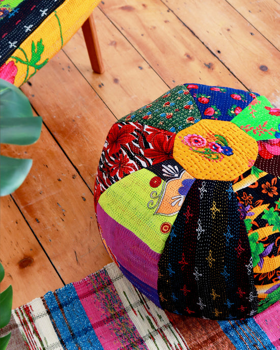 Load image into Gallery viewer, Hand-Stitched Vintage Patchwork Pouffe
