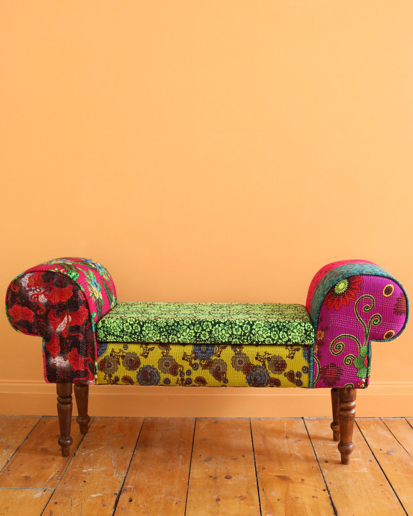 Hand-Stitched Vintage Scroll Bench with Storage, No. 12