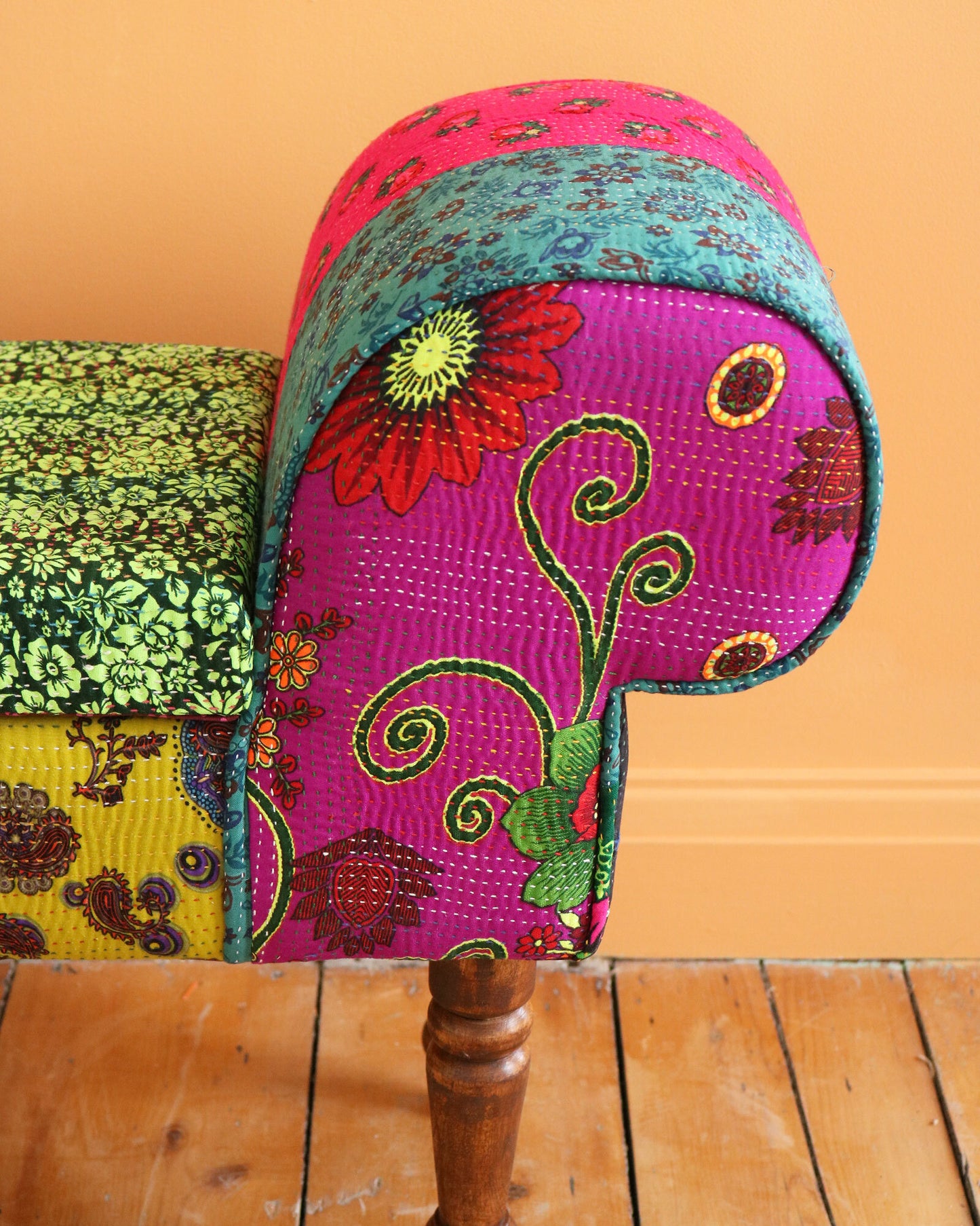 Hand-Stitched Vintage Scroll Bench with Storage, No. 12