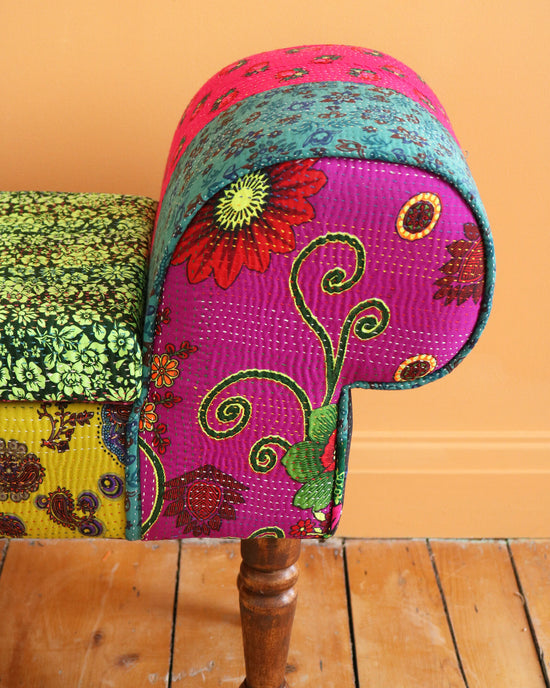 Hand-Stitched Vintage Scroll Bench with Storage, No. 12