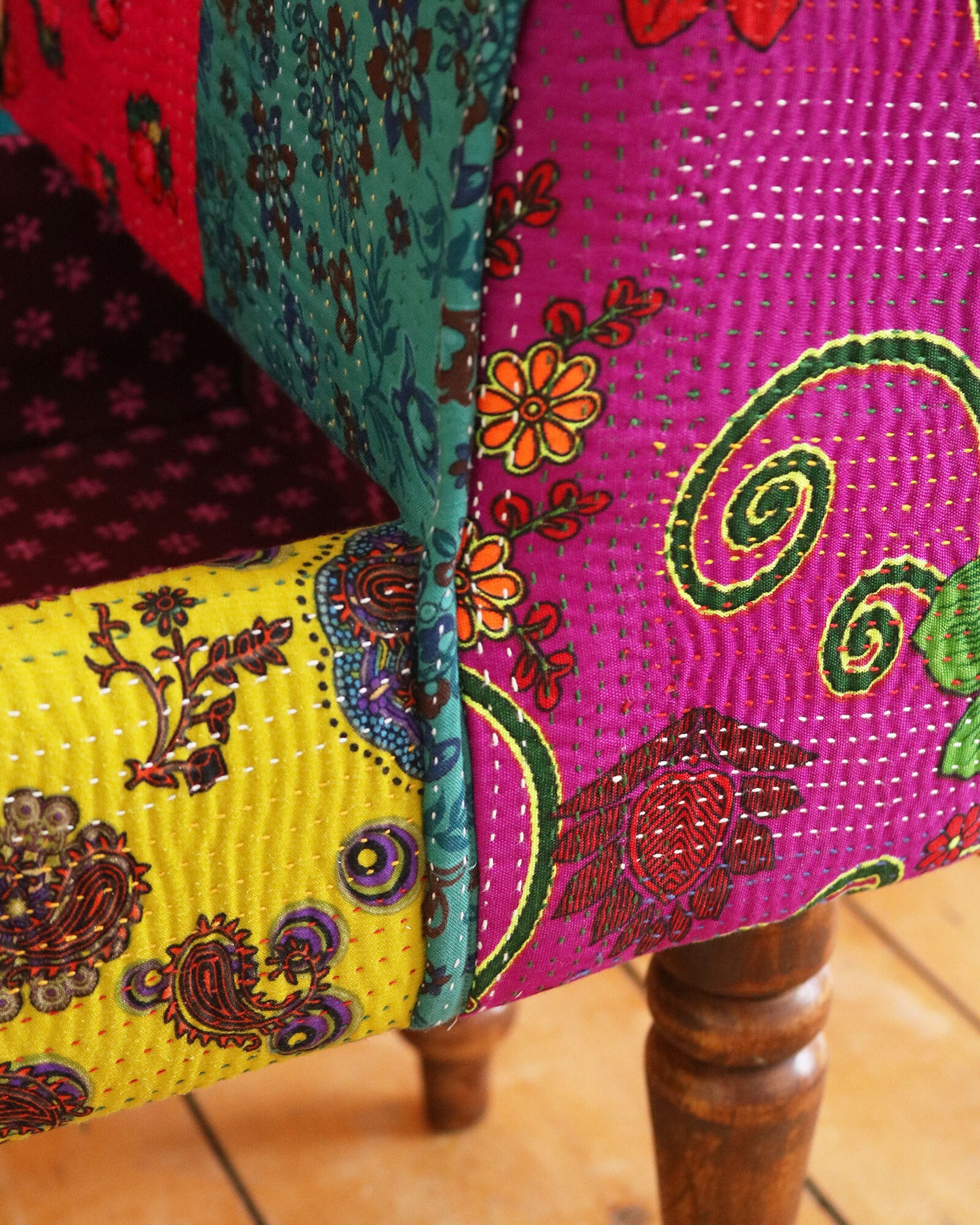 Hand-Stitched Vintage Scroll Bench with Storage, No. 12