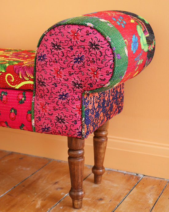 Hand-Stitched Vintage Scroll Bench with Storage, No. 13
