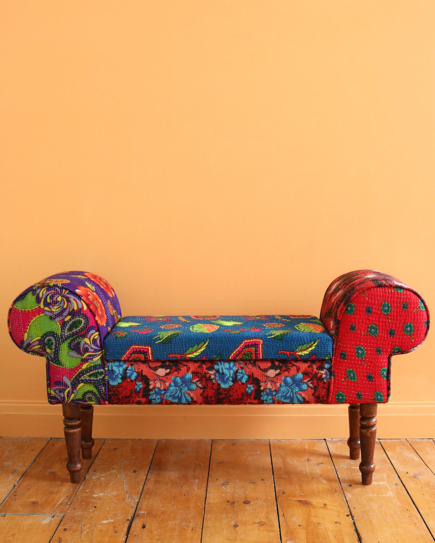 Hand-Stitched Vintage Scroll Bench with Storage, No. 19