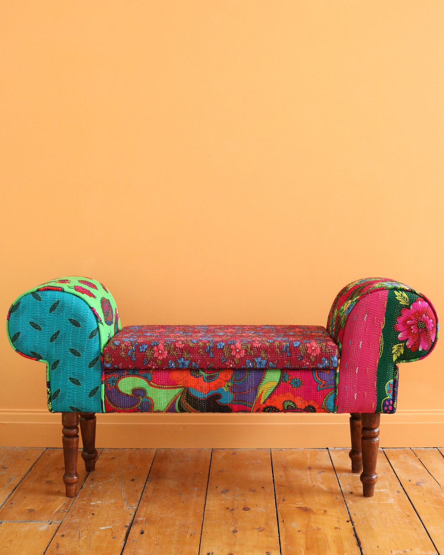 Load image into Gallery viewer, Hand-Stitched Vintage Scroll Bench with Storage, No. 24
