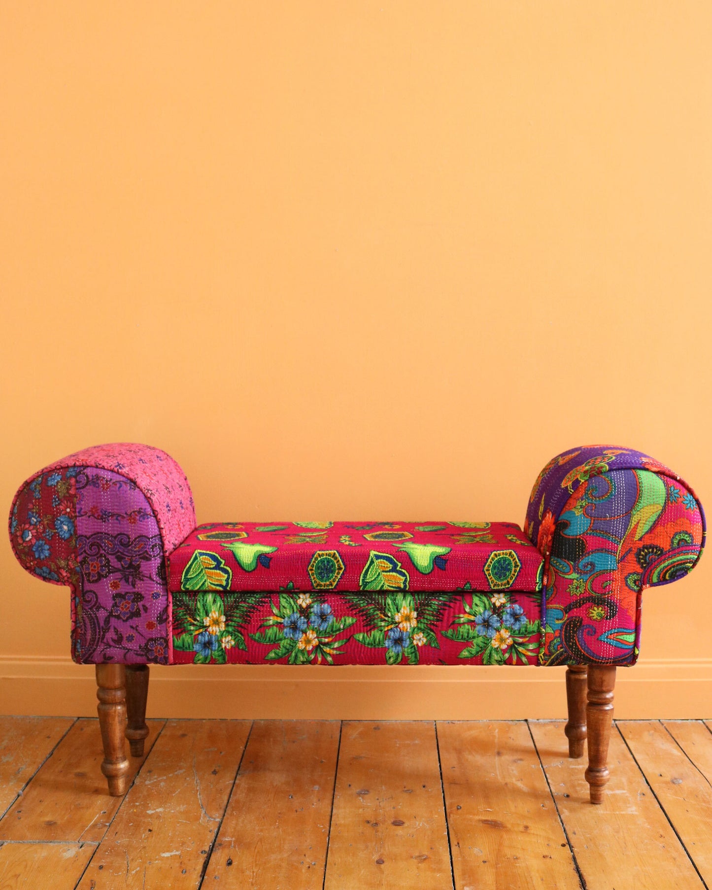 Hand-Stitched Vintage Scroll Bench with Storage, No. 3