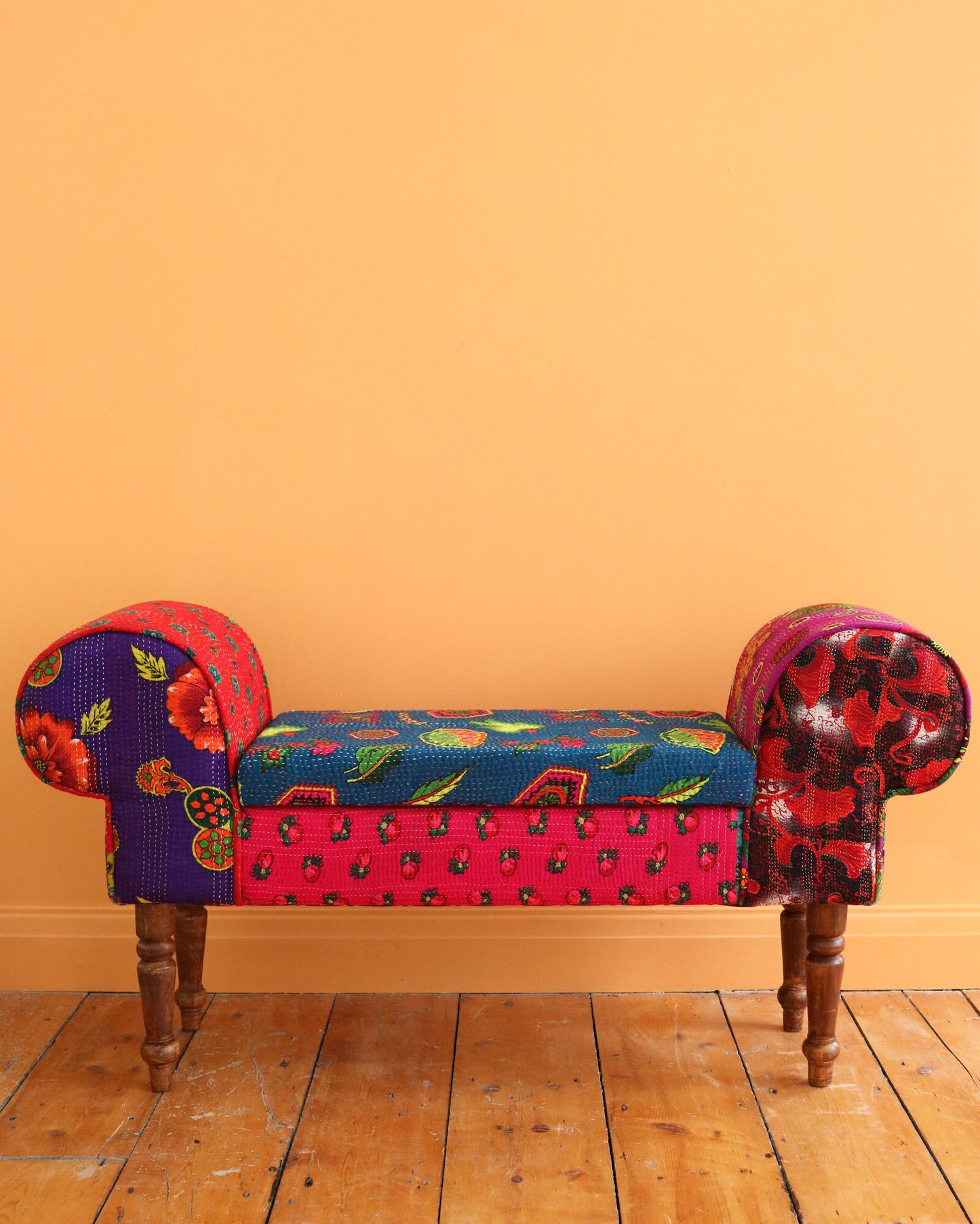 Hand-Stitched Vintage Scroll Bench with Storage, No. 5