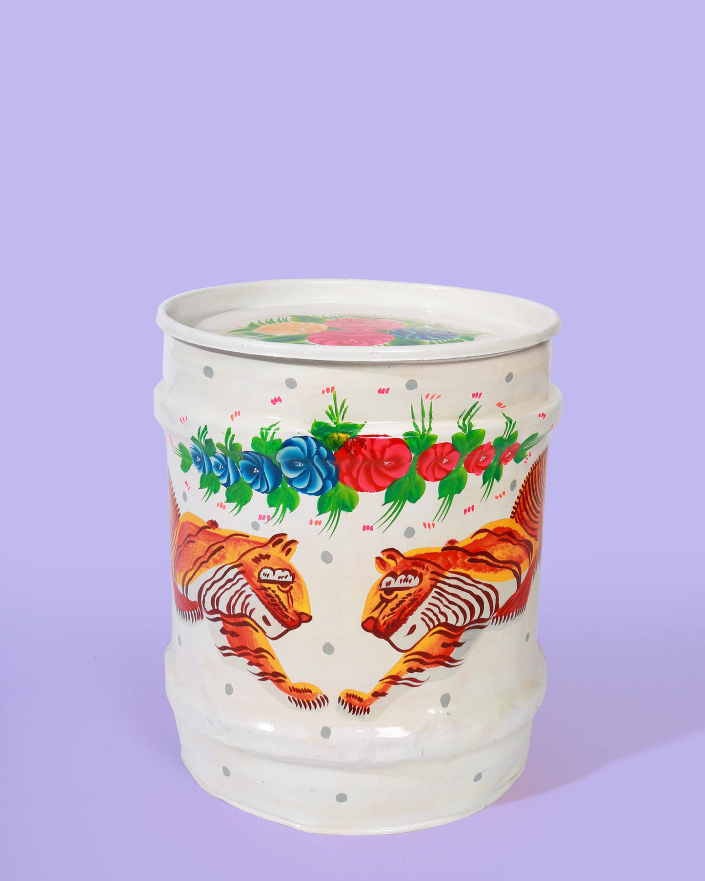 Hand-Painted Tiger Drum, White