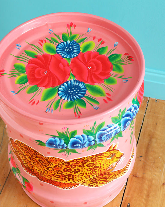 Hand-Painted Leopard Drum, Pink