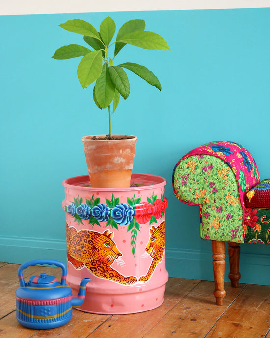 Hand-Painted Leopard Drum, Pink