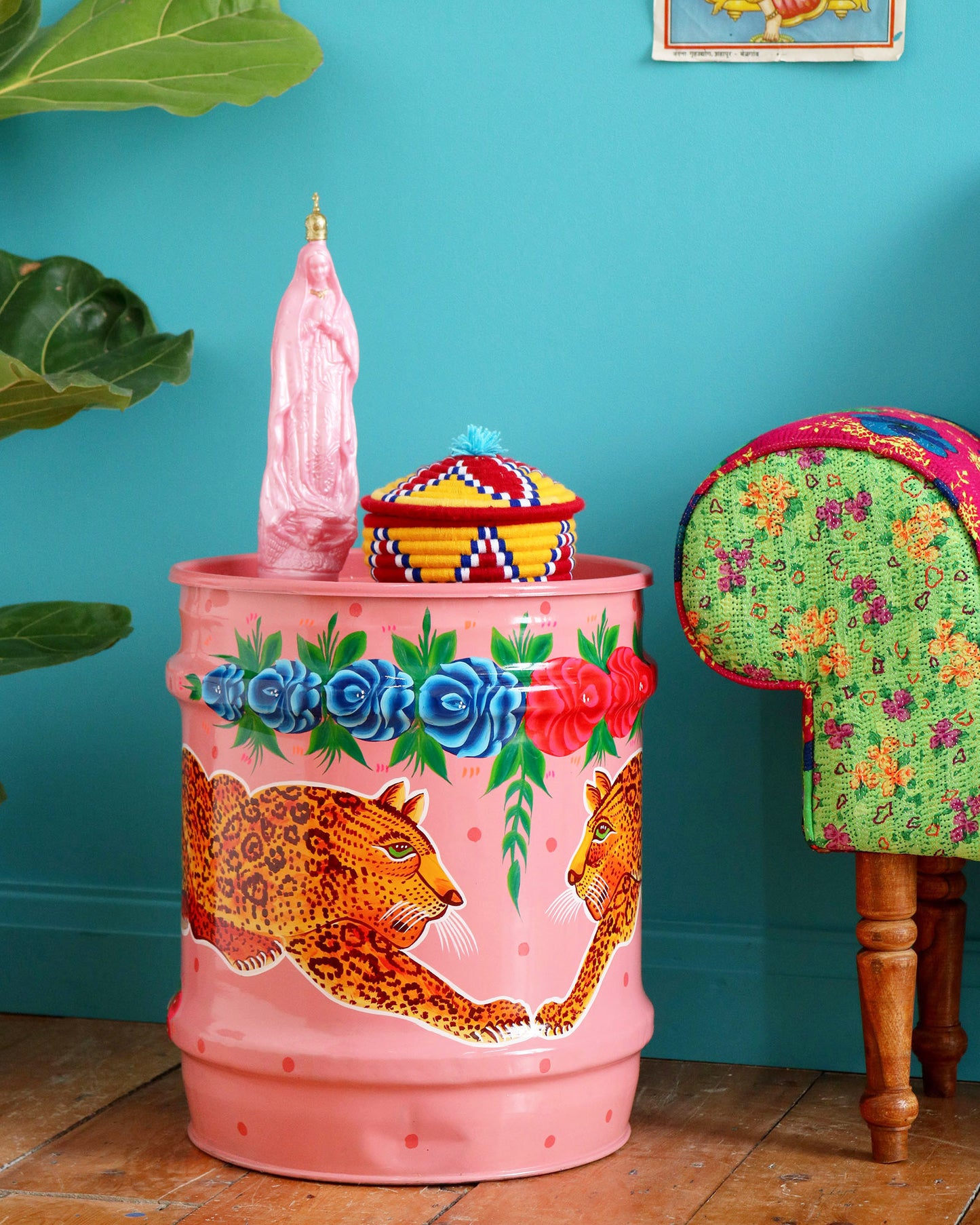 Hand-Painted Leopard Drum, Pink