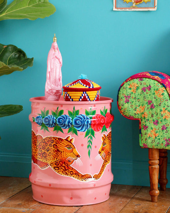 Hand-Painted Leopard Drum, Pink