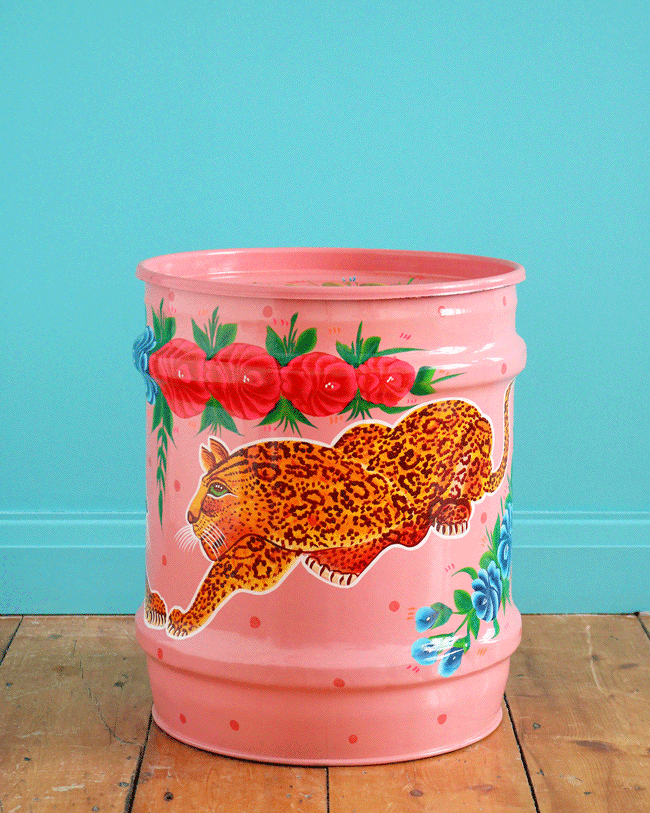 Hand-Painted Leopard Drum, Pink