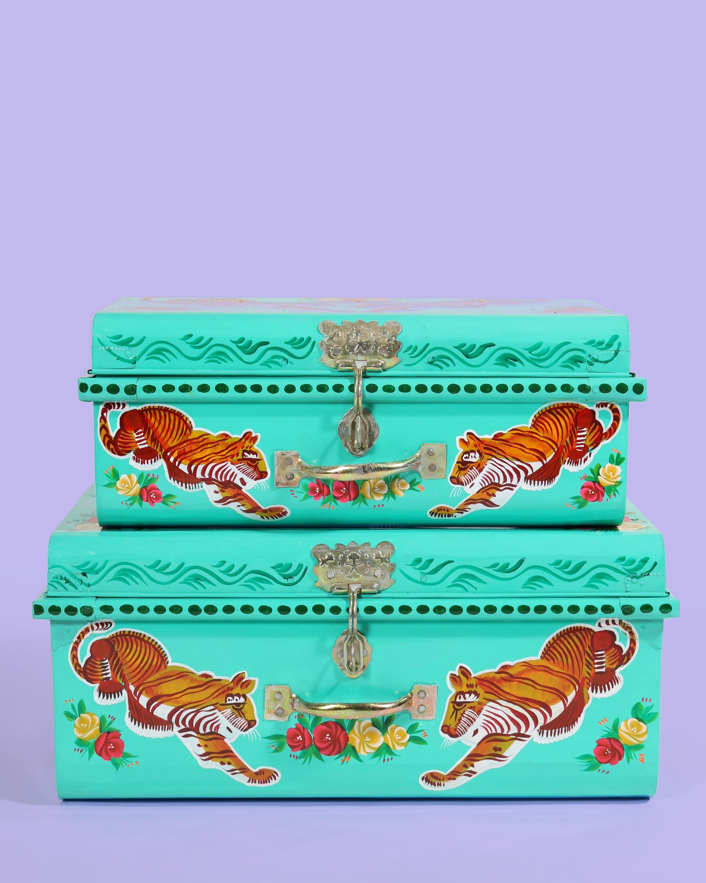 Load image into Gallery viewer, Hand Painted Tiger Storage Trunk, Turquoise
