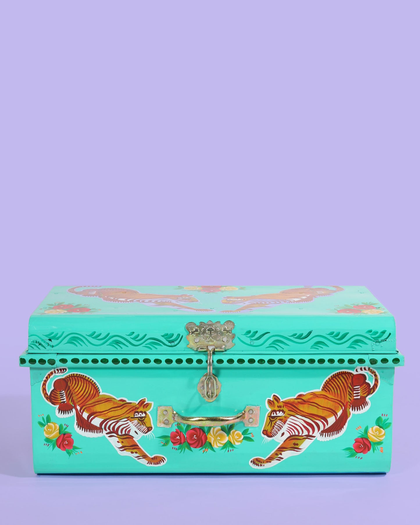 Load image into Gallery viewer, Hand Painted Tiger Storage Trunk, Turquoise
