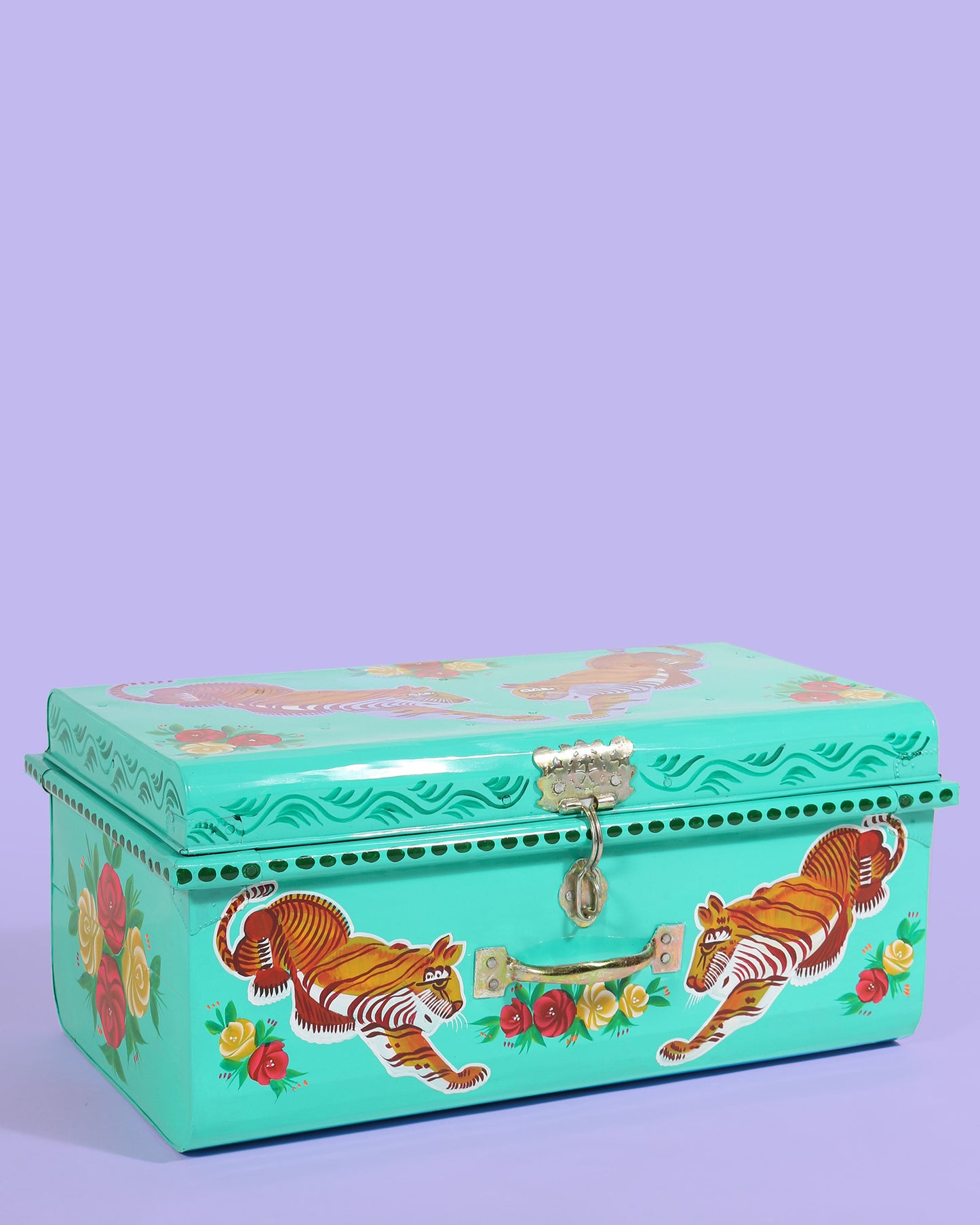 Hand Painted Tiger Storage Trunk, Turquoise