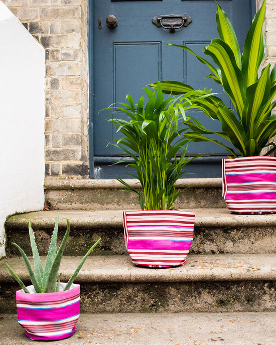 Striped Plant Pot Cover Pink, Medium