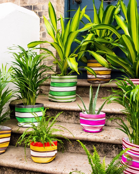 Striped Plant Pot Cover Yellow, Medium