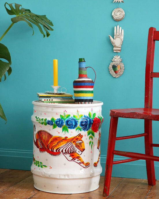 Hand-Painted Tiger Drum, White